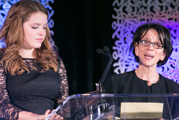 <div>
	Ruth Saletsky Kamen, PhD (R) and Libby Kamen (L) accept the Award of Hope for Leadership in Research and Patient Care on behalf of Barton A. Kamen, MD, PhD.</div>

