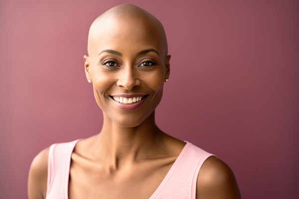 Woman with bald head and pink tank top smiles over mauve background