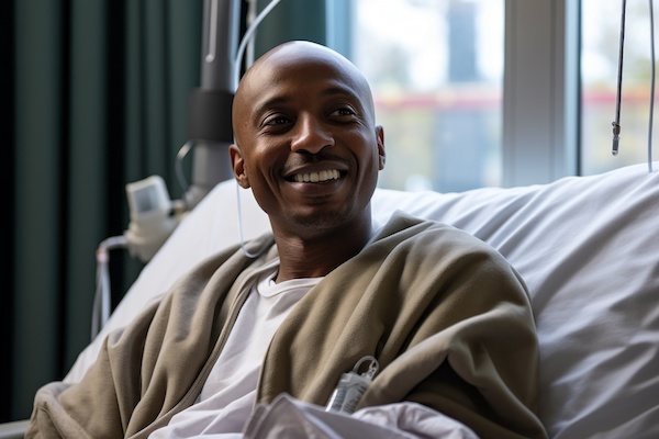 Smiling, bald man in tan cardigan sits in hospital bed during treatment