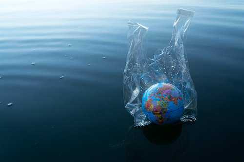 globe in a plastic bag floating in the water