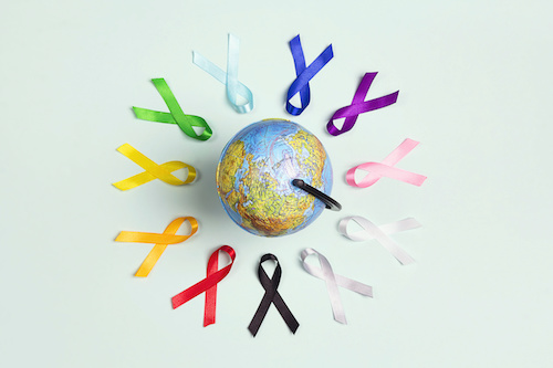 photo of globe surrounded by cancer awareness ribbons