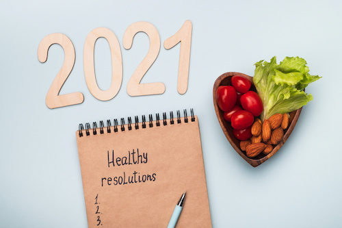 sign reading 2021 above a notepad with healthy resolutions and a numbered list