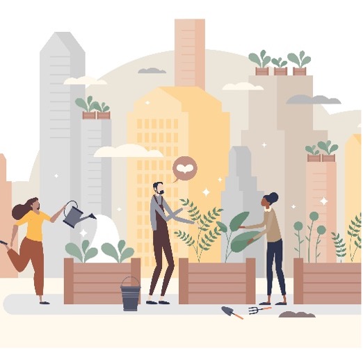 illustration of people working outdoors in a community garden
