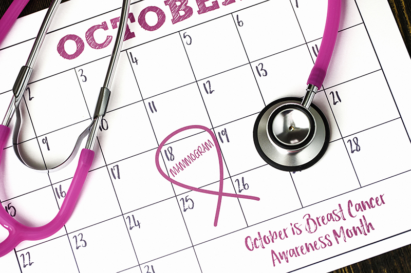 Calendar displaying an appointment for a mammogram in the month October for Breast Cancer Awareness Month