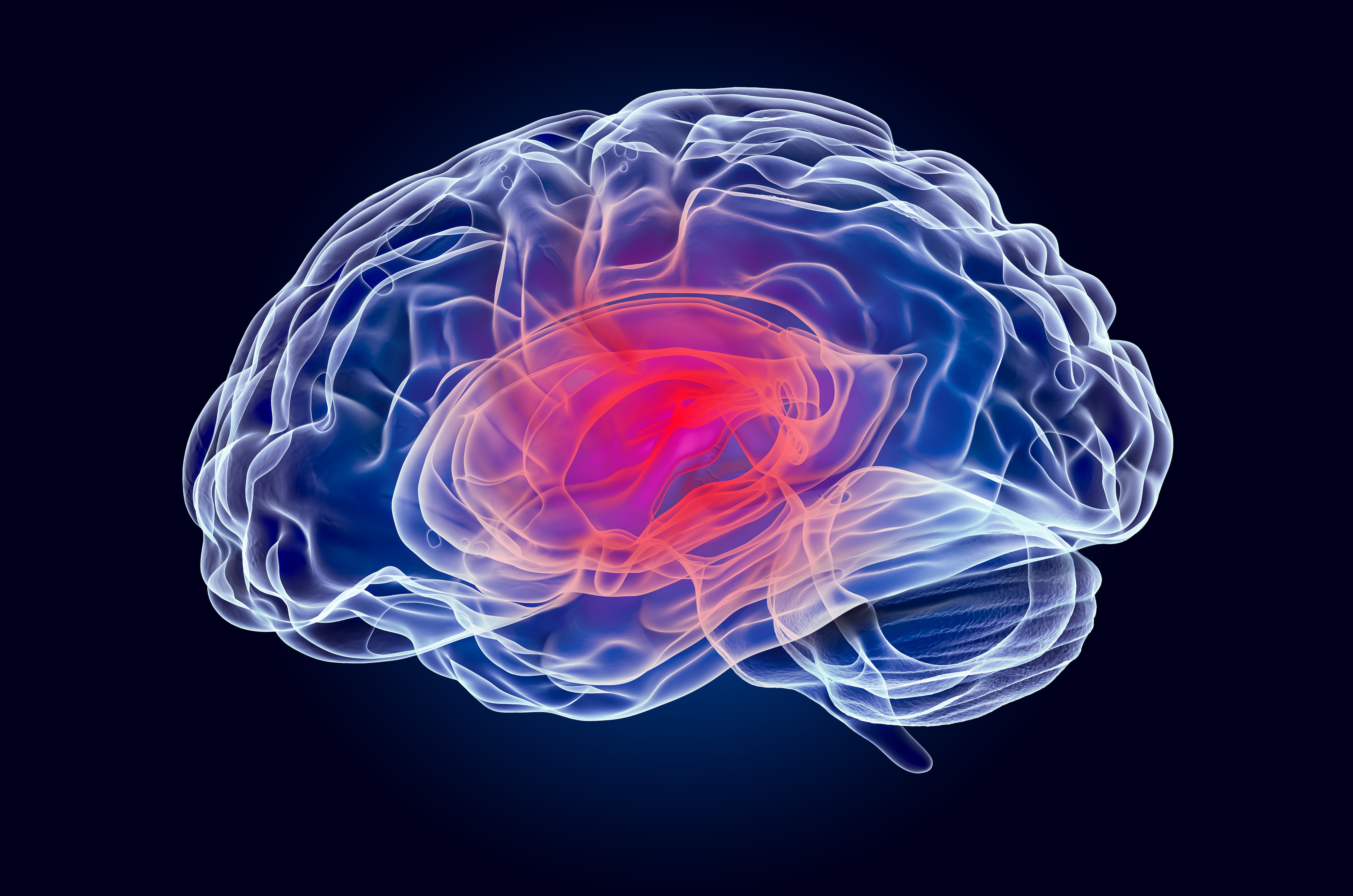 Blue model of a Brain with red dot to indicate tumor growth