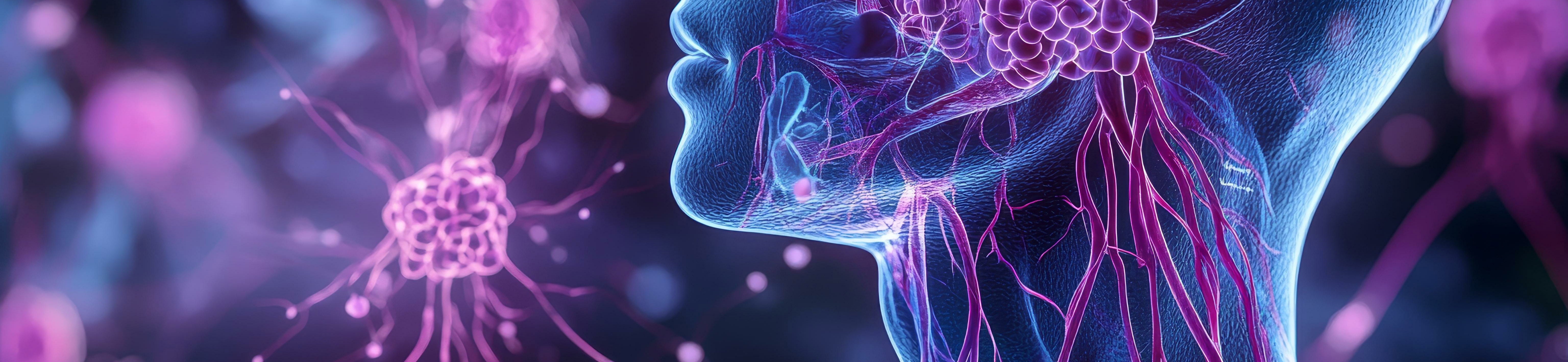 Purple and blue model of a human head and neck
