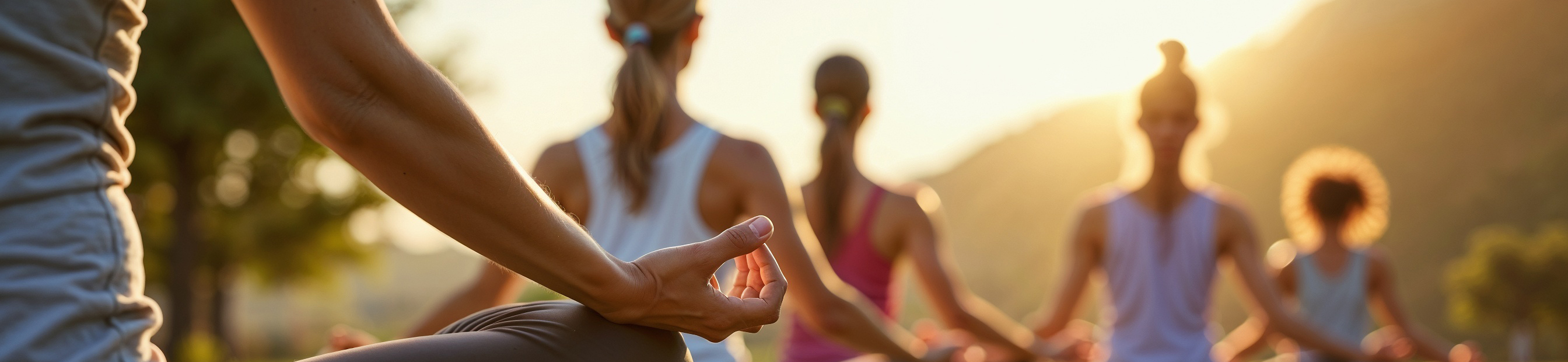 Five women sitting in yoga poses outdoors during sunset