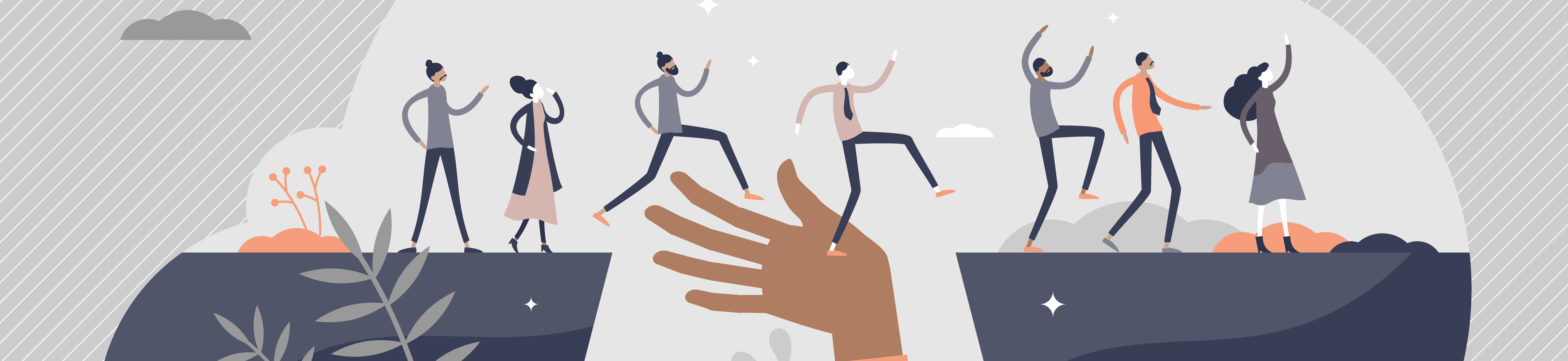 Drawing of hand acting as bridge for people jumping across gap