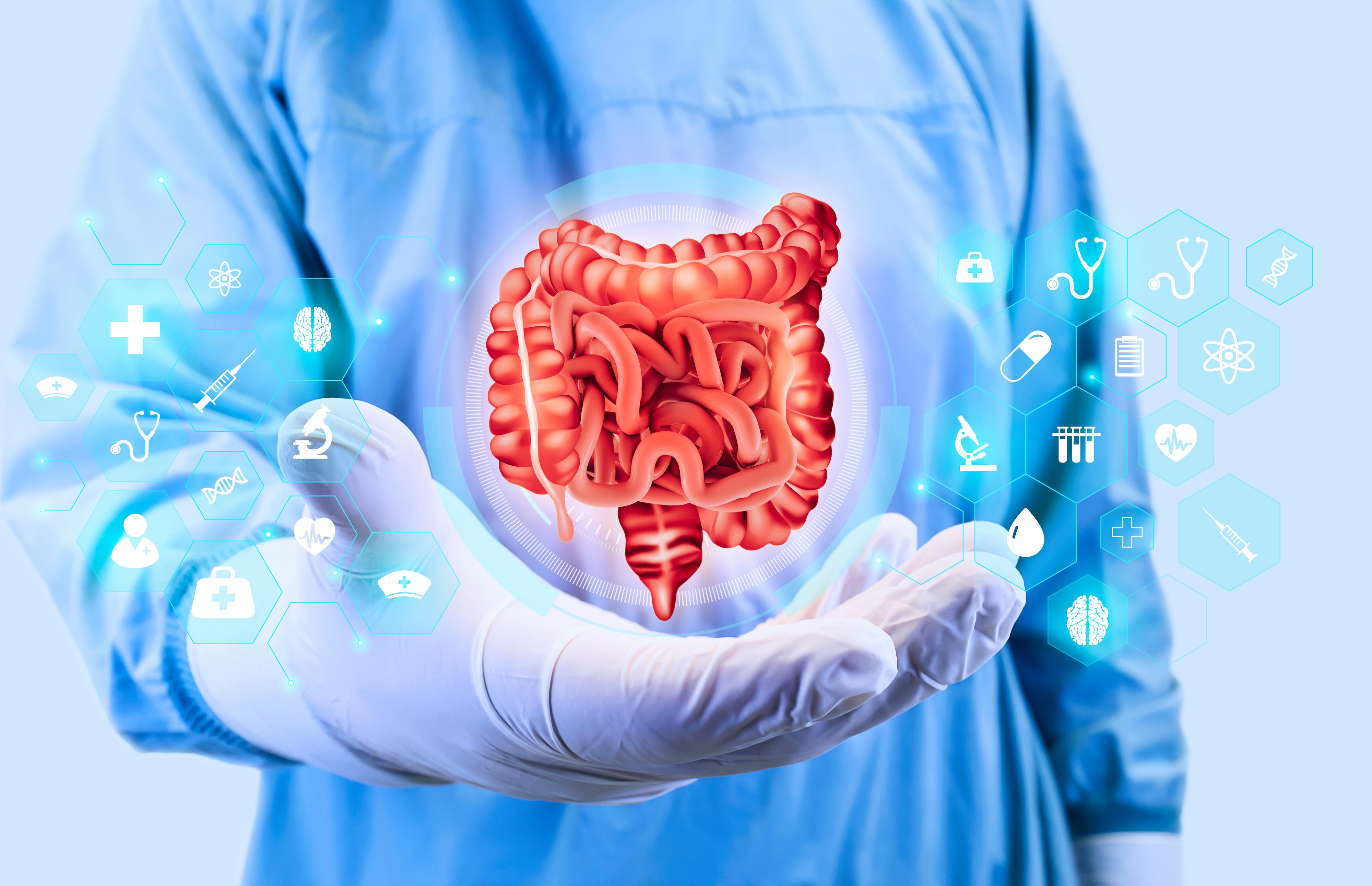 Surgeon holding model colon in gloved palms