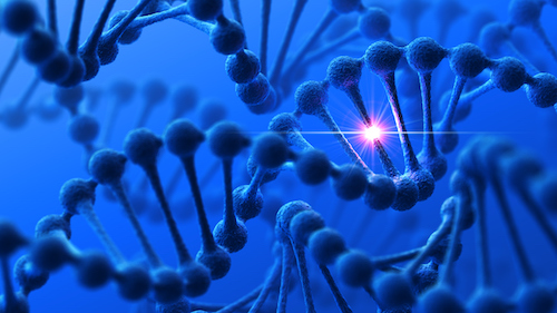 illustration of DNA helix with area highlighting a mutation