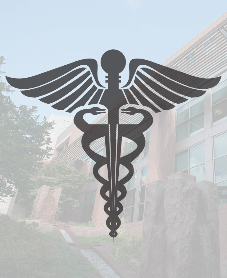 Medical icon over background image of Rutgers Cancer Institute