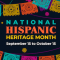 dark background with colorful flags reading national hispanic heritage month