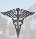 Medical icon over background image of Rutgers Cancer Institute