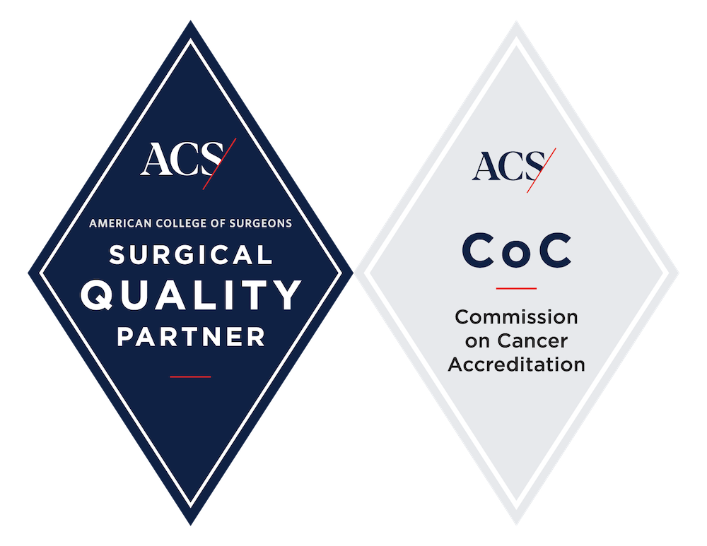 Accreditation logos for American College of Surgeons for Surgical Quality partner and Commission on Cancer Accreditation